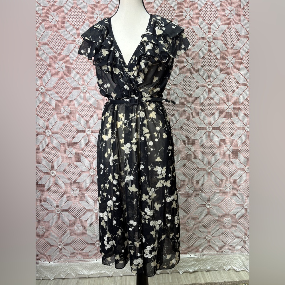 Vintage Sheer Floral Ruffle Midi Dress | Romantic Prairie Style